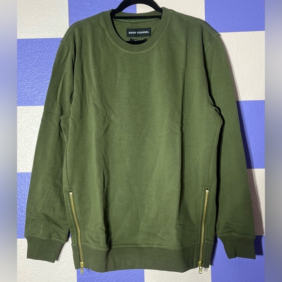 NWT Good Counsel King Crewneck Sweatshirt with Zips in Olive Green - Size L - Picture 2 of 5